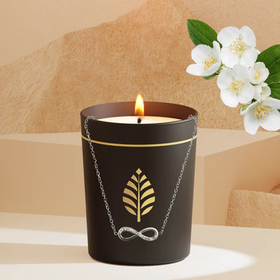 Bougie Bijou Noir, Fleur de Thé, Bracelet Argent Infinity