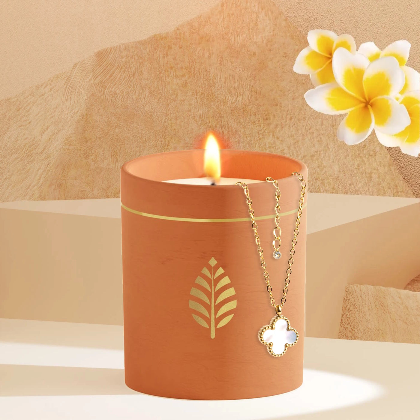 Bougie Bijou Terra Cotta, Monoï, Collier « Fleur » avec pierre naturelle