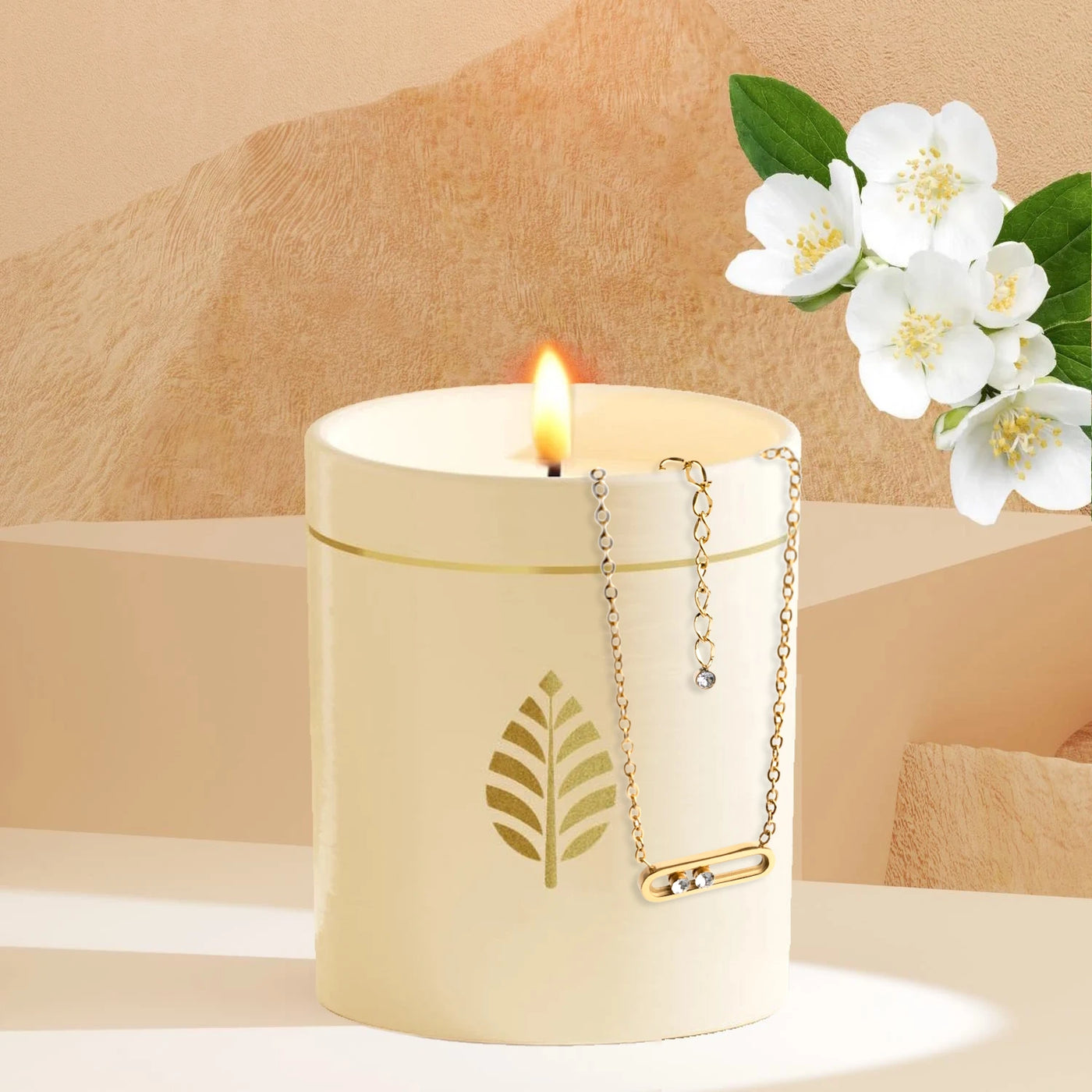 Bougie Bijou Blanche, Fleur de Thé, Collier « Toi et Moi » avec 2 cristaux Swarovski