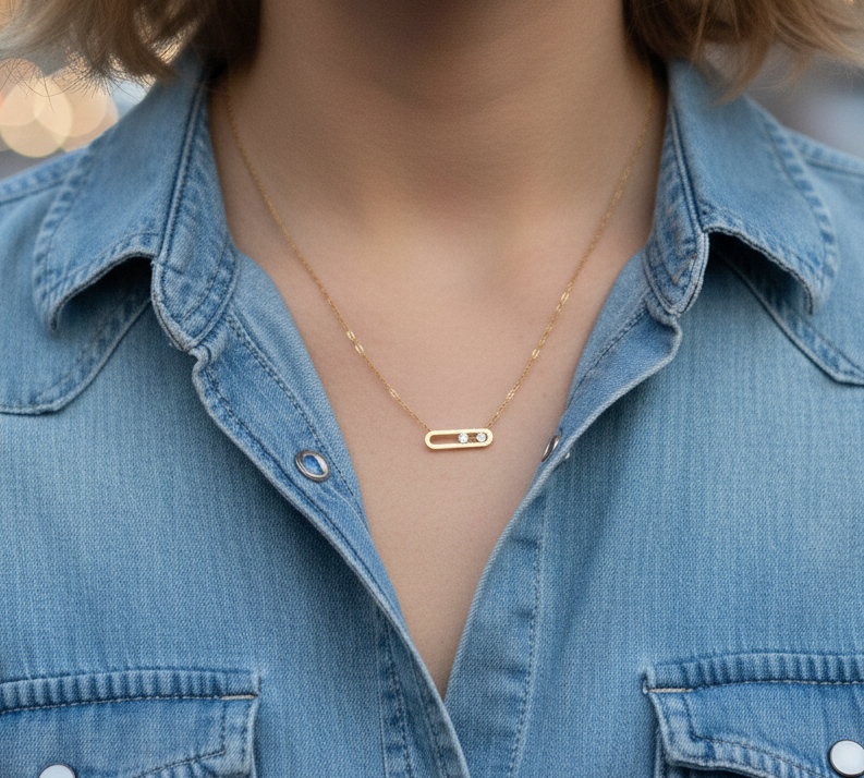 Collier « Toi et Moi » avec 2 cristaux Swarovski mobiles, plaqué Or 18 carats ou Argent