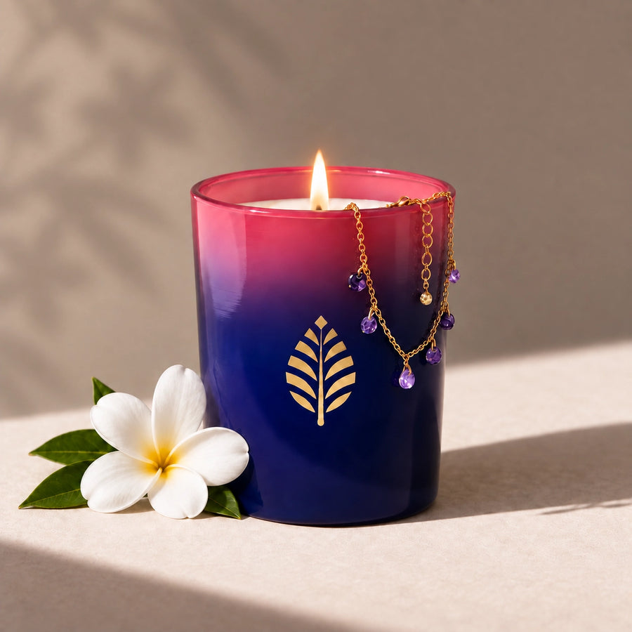 Bougie-Bijou Sunset Verre - Monoï - Bracelet Gouttes Violettes et Cristal Swarovski