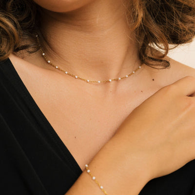 Pot Verre Coton Collier Perles Blanches avec Cristal Swarovski