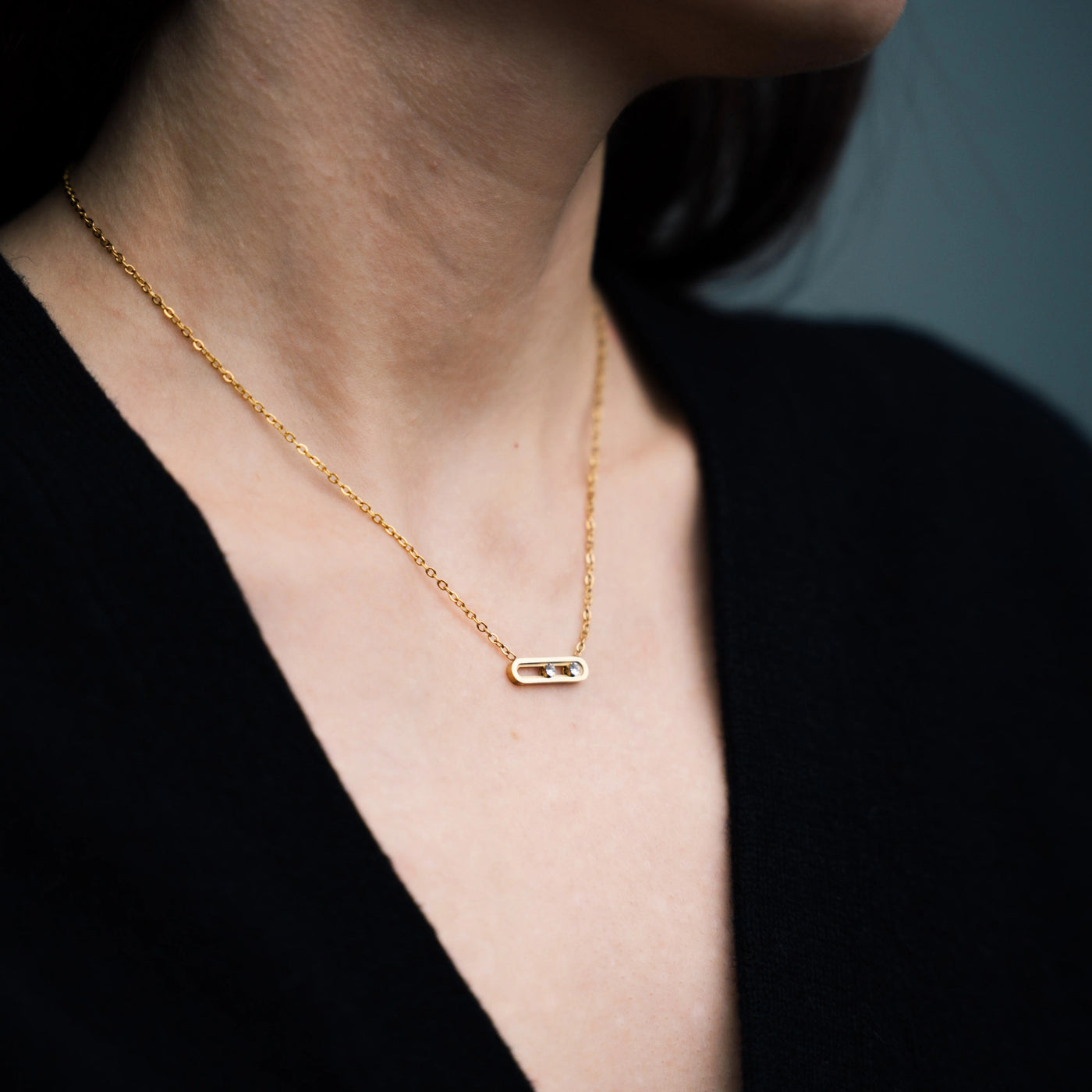 Collier « Toi et Moi » avec 2 cristaux Swarovski mobiles, plaqué Or 18 carats