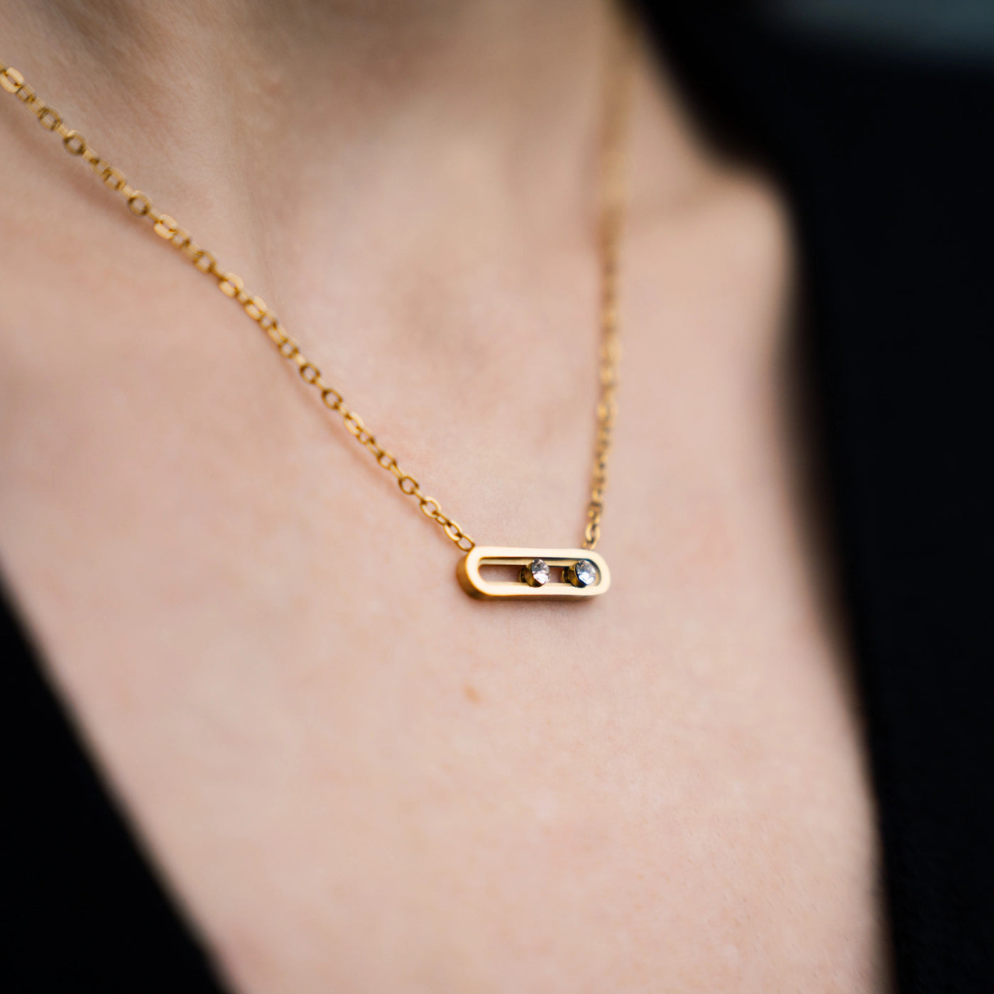 Collier « Toi et Moi » avec 2 cristaux Swarovski mobiles, plaqué Or 18 carats