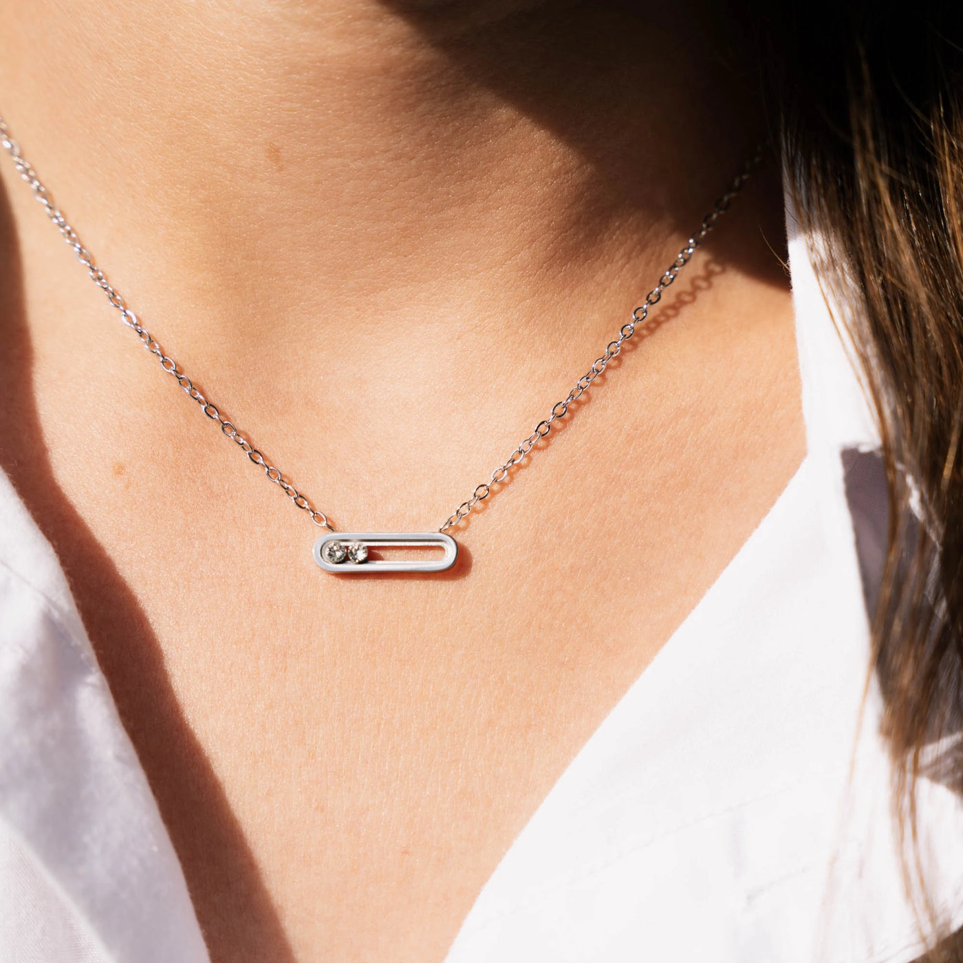 Collier « Toi et Moi » avec 2 cristaux Swarovski mobiles, plaqué Or 18 carats ou Argent