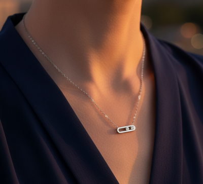 Collier « Toi et Moi » avec 2 cristaux Swarovski mobiles, plaqué Or 18 carats ou Argent